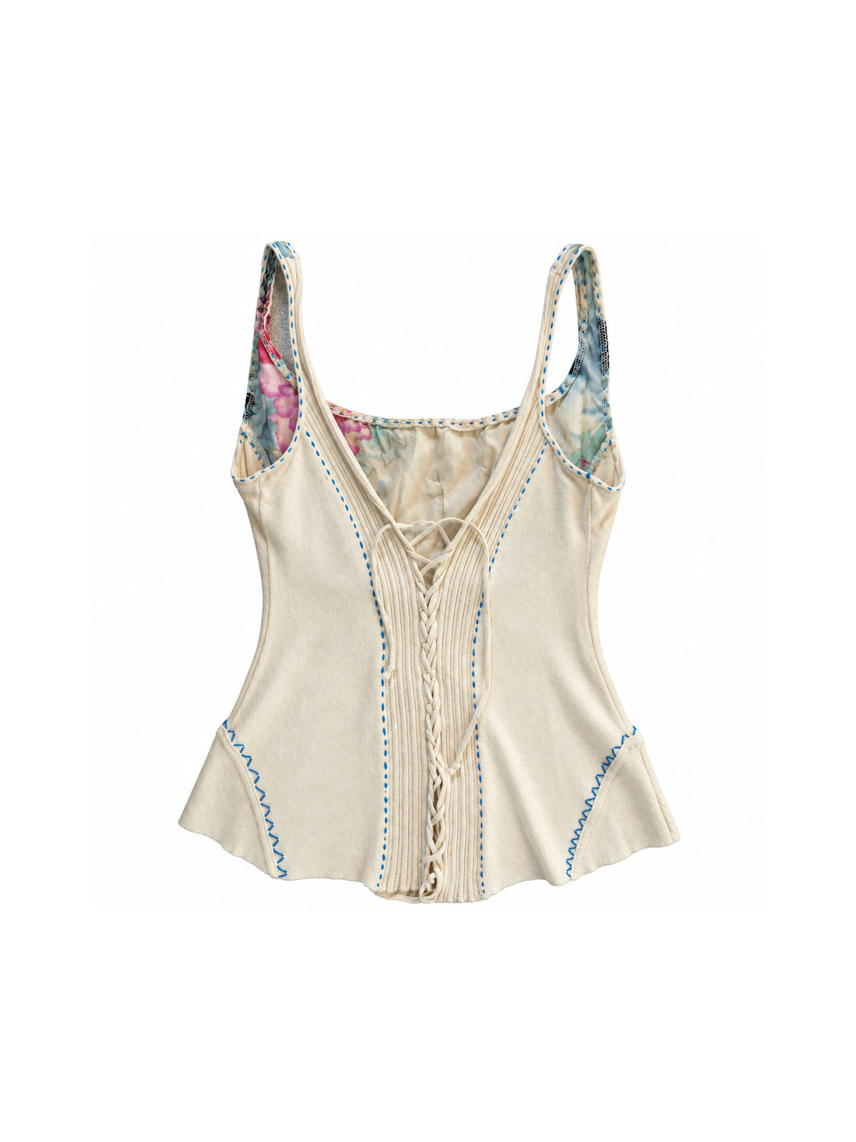 Roberto Cavalli SS2003 Silk Cream Floral Lace up Back Tank
