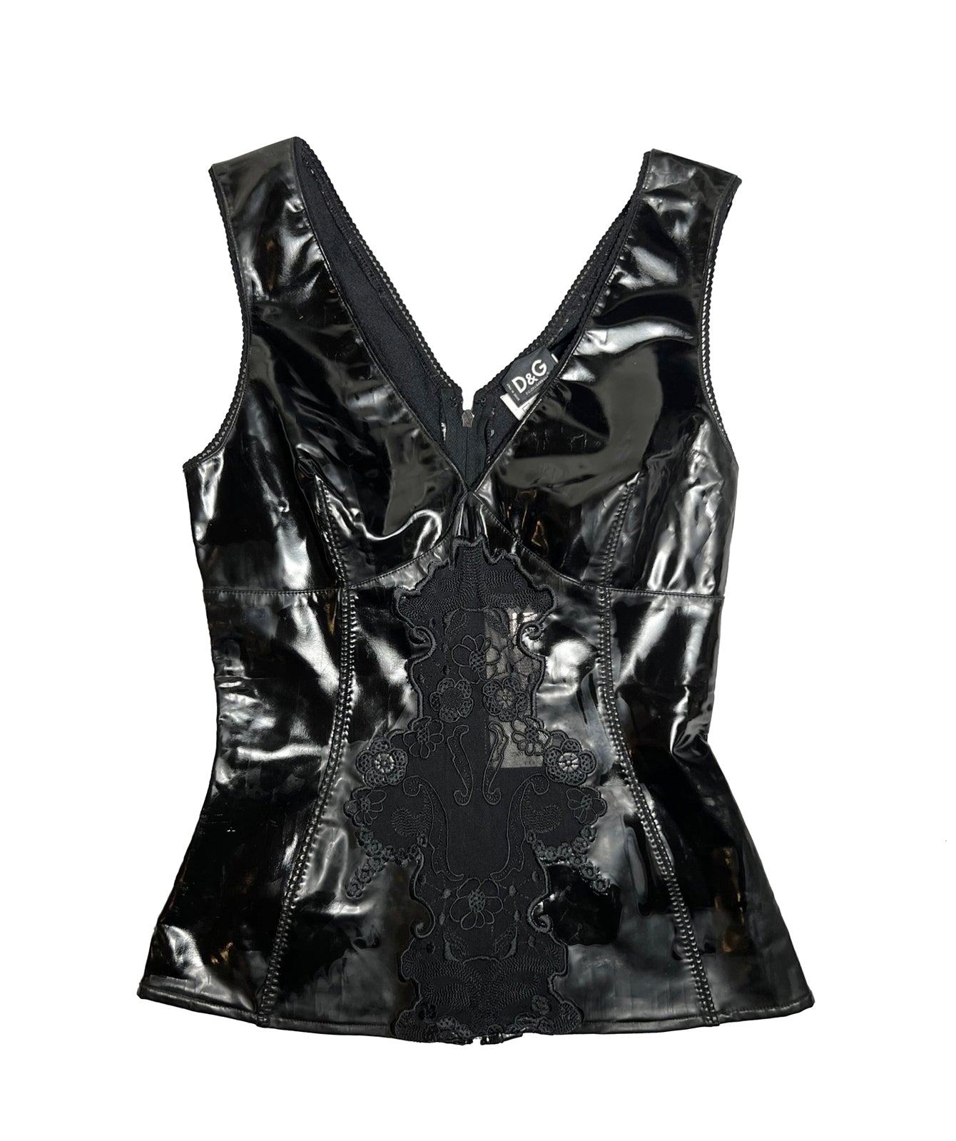 2000's D&G Dolce Gabbana Wet Look Pleather Lace Tank Black