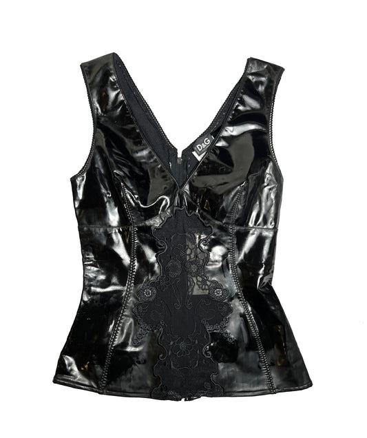 2000's D&G Dolce Gabbana Wet Look Pleather Lace Tank Black