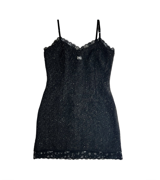 1990's D&G Dolce & Gabbana Wool Logo Dress with Lace Trim