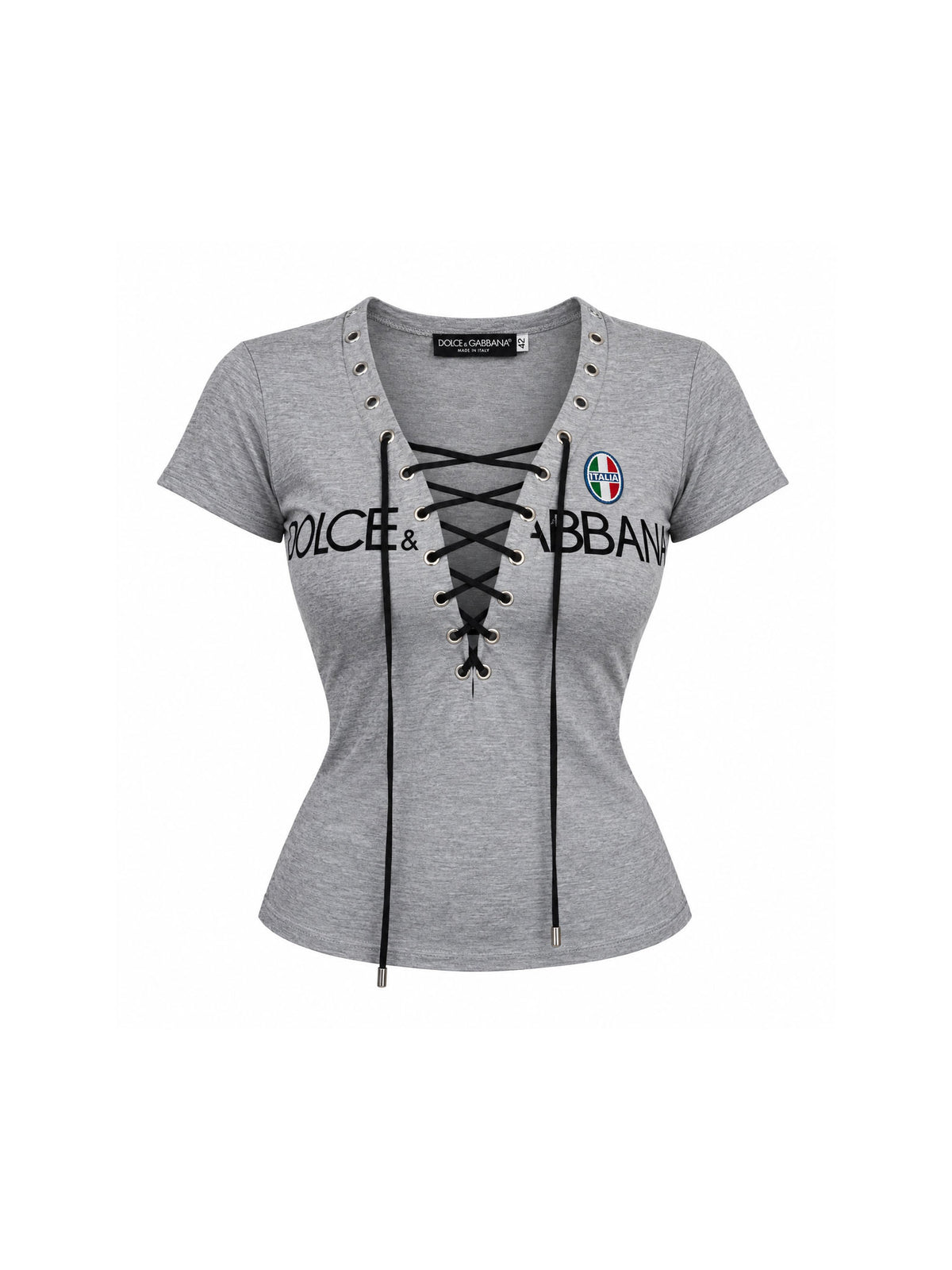 S/S 2003 Dolce & Gabbana Plunging Lace-Up Logo Print Grey T-Shirt Top
