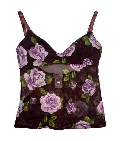 Dolce & Gabbana Sheer Burgundy and Lilac Roses Tank