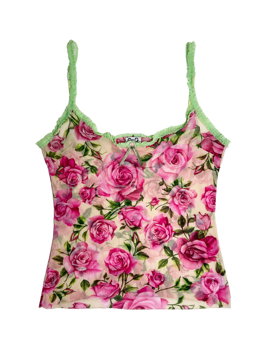 D&G Dolce Gabbana Vintage pink rose green ruffle trim cami tank