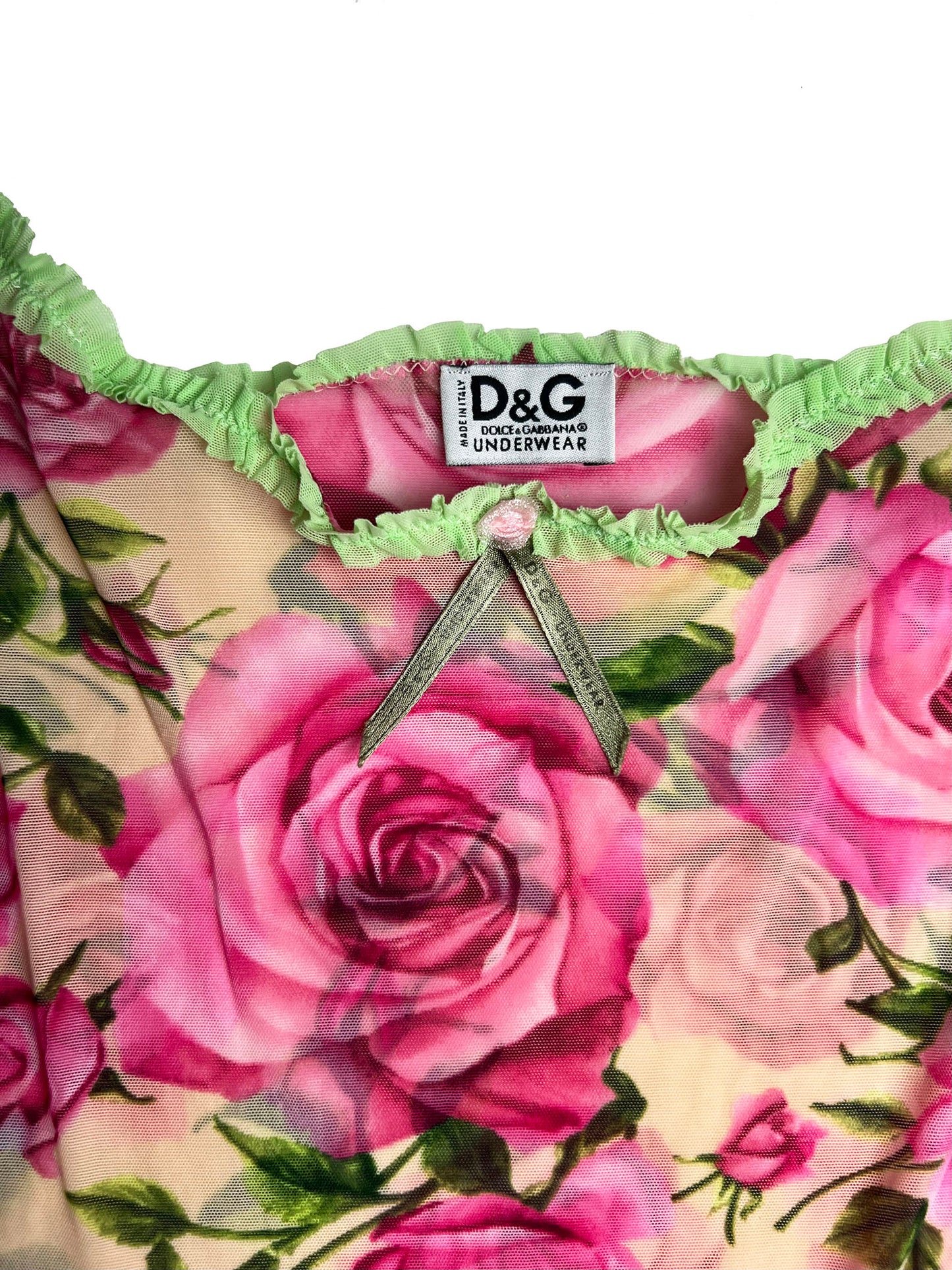 D&G Dolce Gabbana Vintage pink rose green ruffle trim cami tank