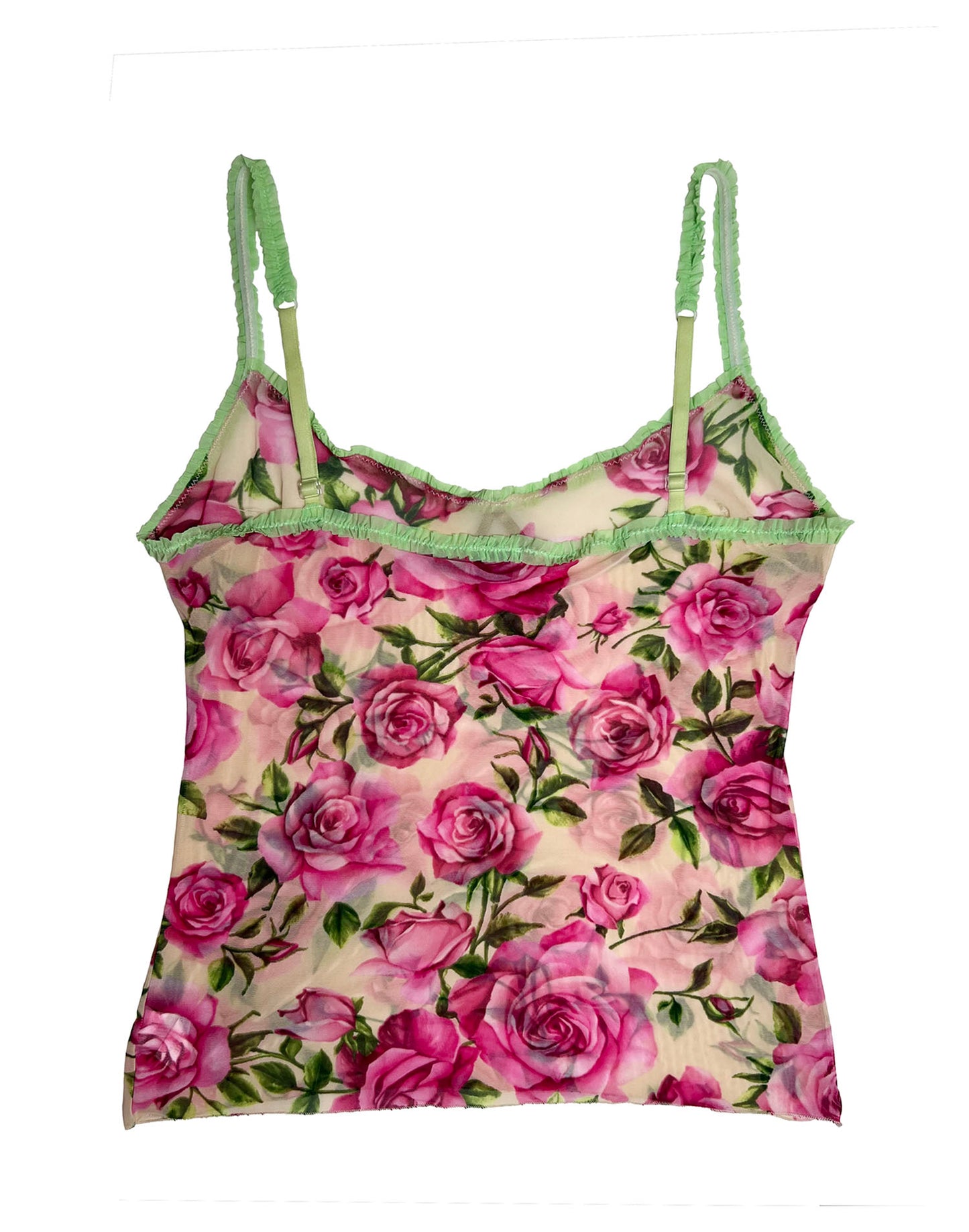 D&G Dolce Gabbana Vintage pink rose green ruffle trim cami tank