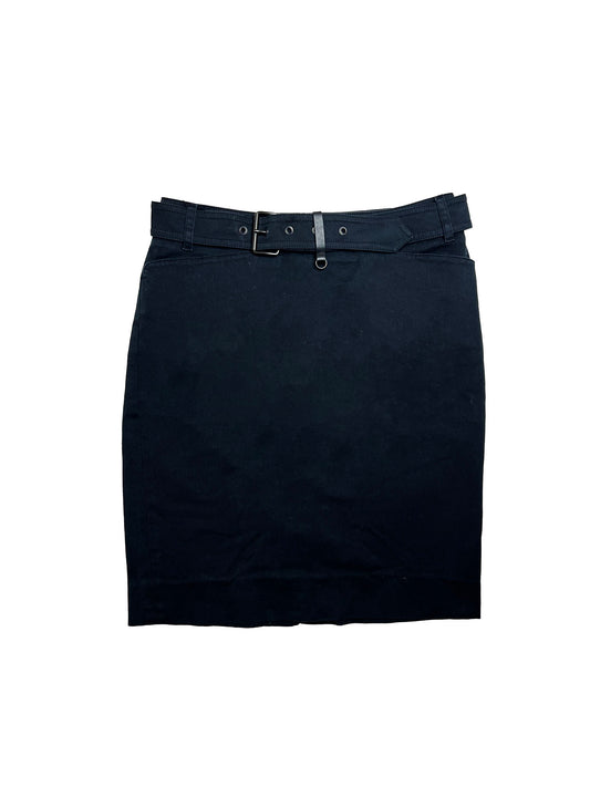 Prada Black Pencil Mini Skirt with Black Buckle Belt