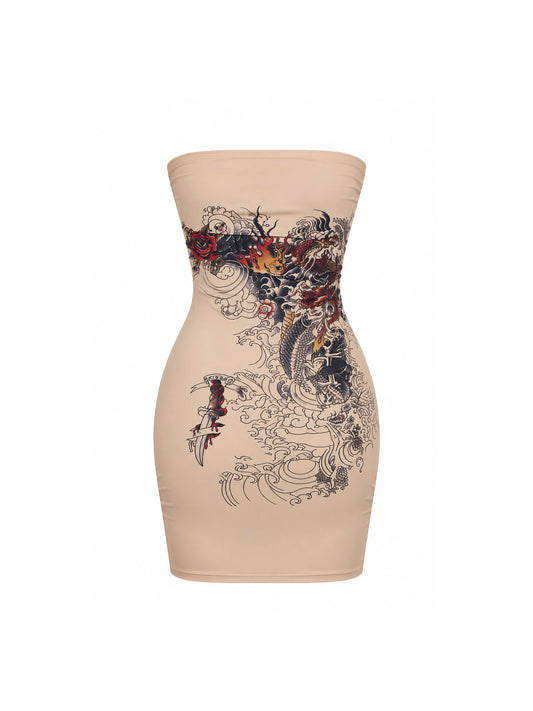 Jean Paul Gautier x La Perla Tattoo Print Strapless Dress