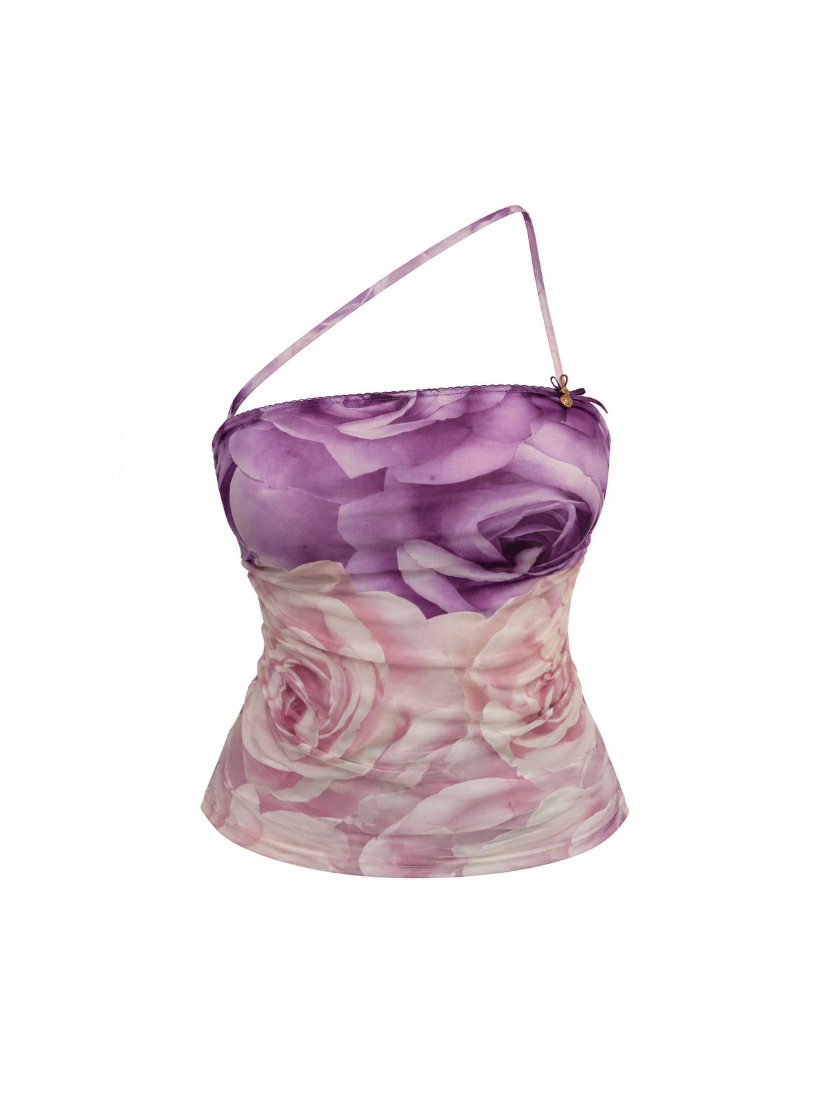 Roberto Cavalli Light Pink & Purple Roses Strapless Top with One Shoulder Strap