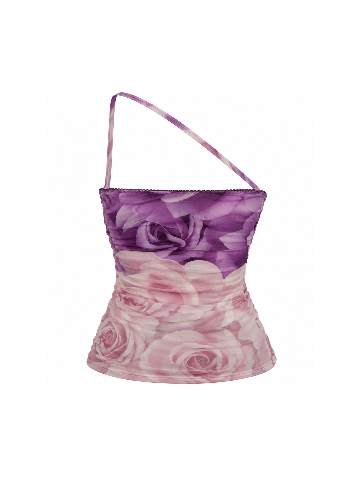 Roberto Cavalli Light Pink & Purple Roses Strapless Top with One Shoulder Strap