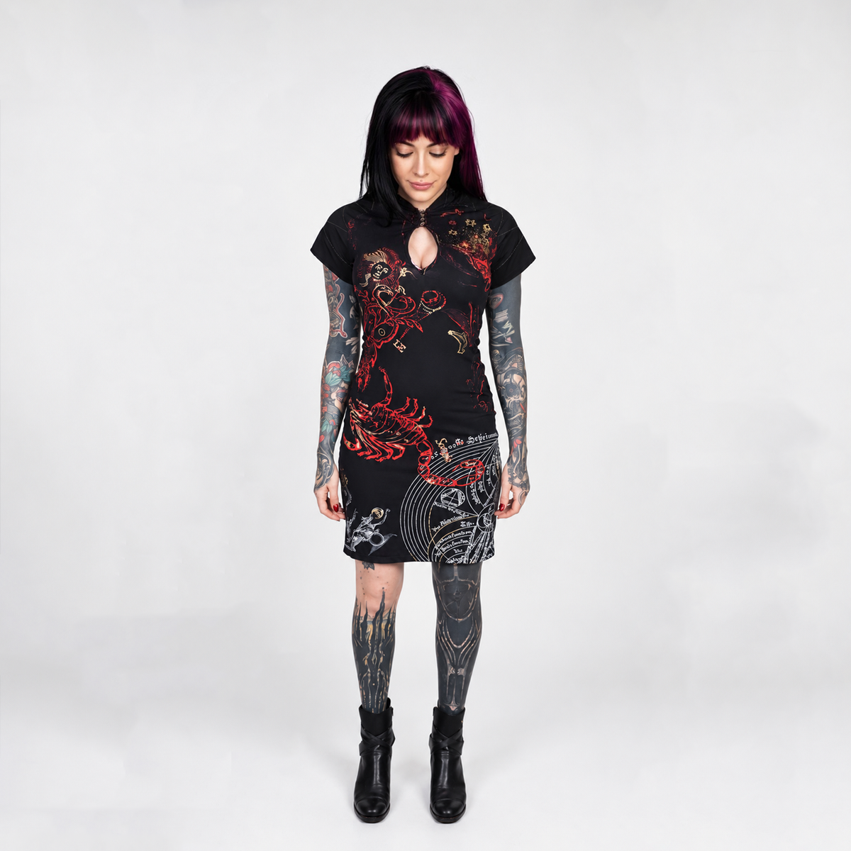 Roberto Cavalli 2003 Women's Zodiac Print Mini Dress Black Gold Silk